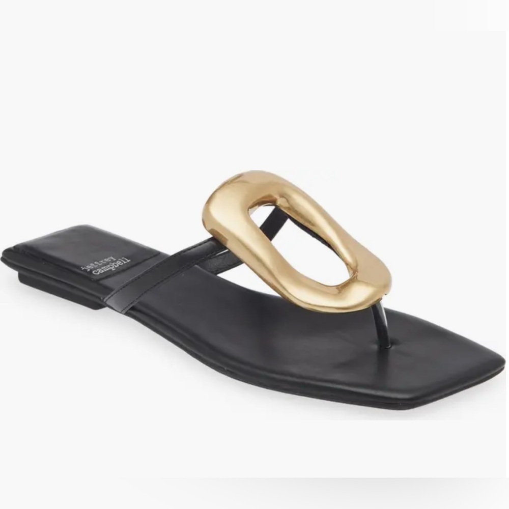 Jeffrey Campbell Flat black Thong sandal Womens size 10 Linique gold O leather